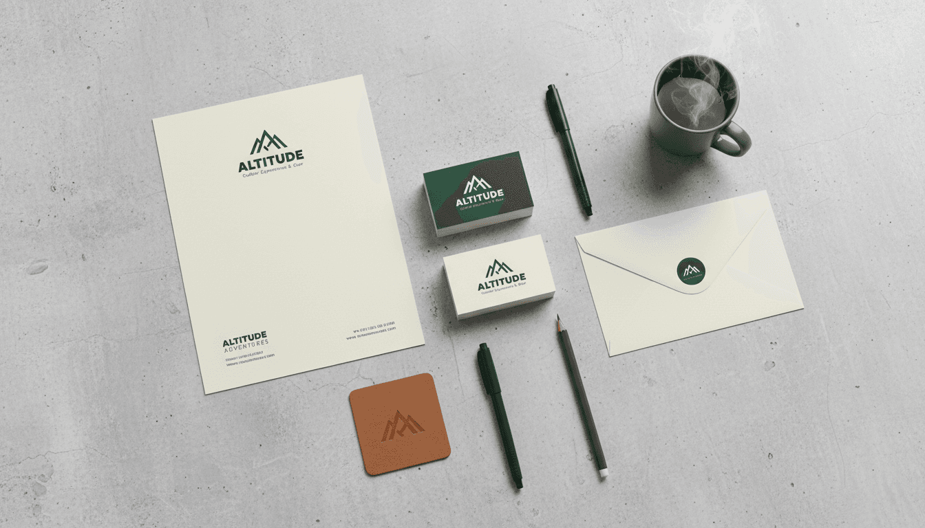 Flat lay of brand identity stationery and business cards