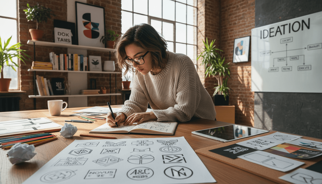 Designer sketching logo concepts at a studio desk