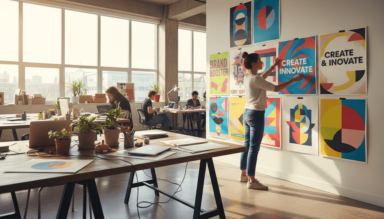 Designer arranging colorful marketing posters in a bright workspace