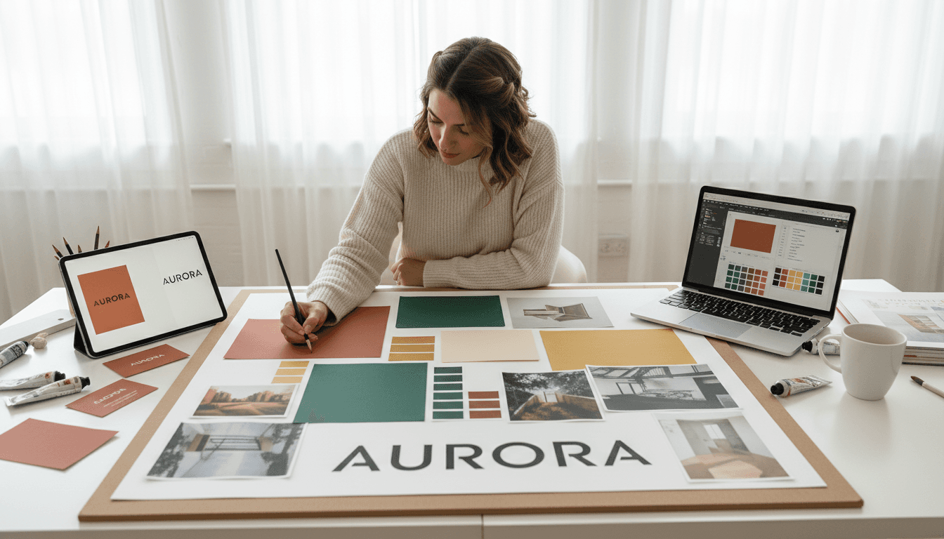 Designer reviewing brand color palette and logo sketches at a studio desk