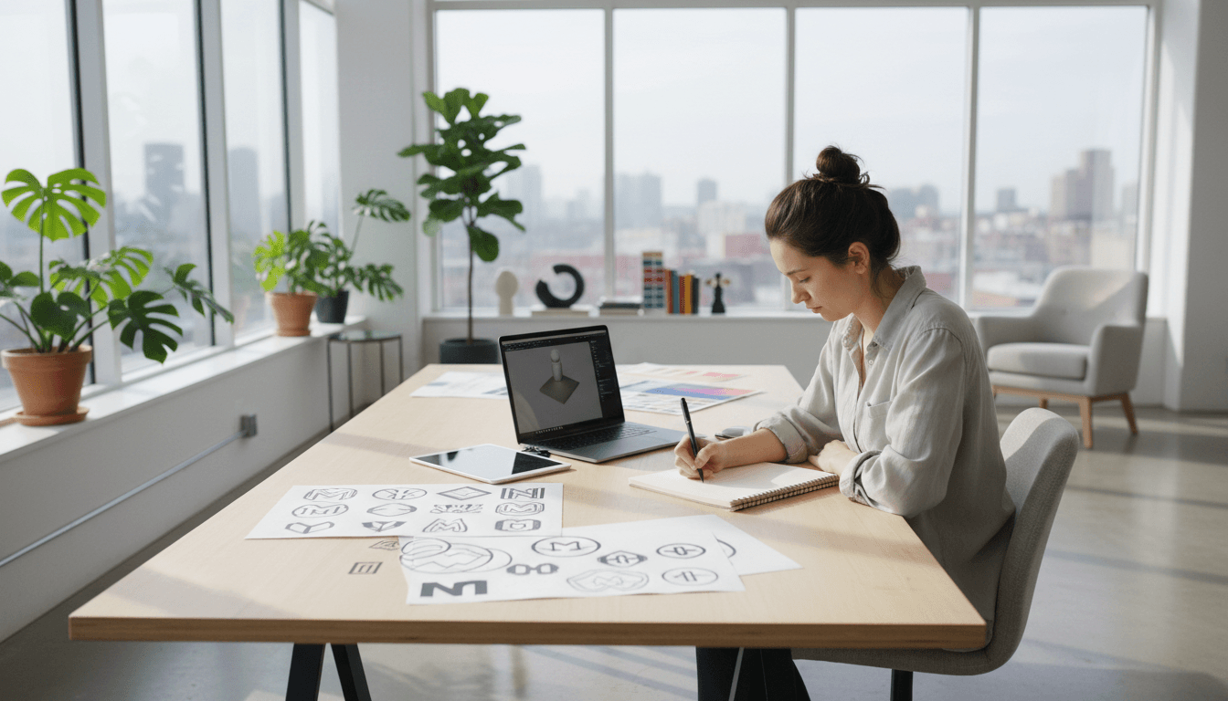 designer sketching logo concepts in a bright studio