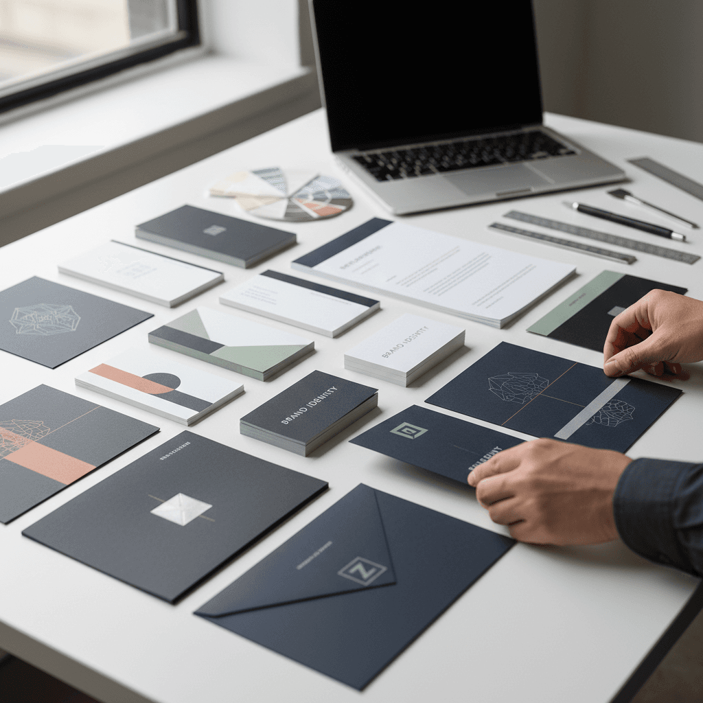 Brand identity mockup showing business cards and letterhead