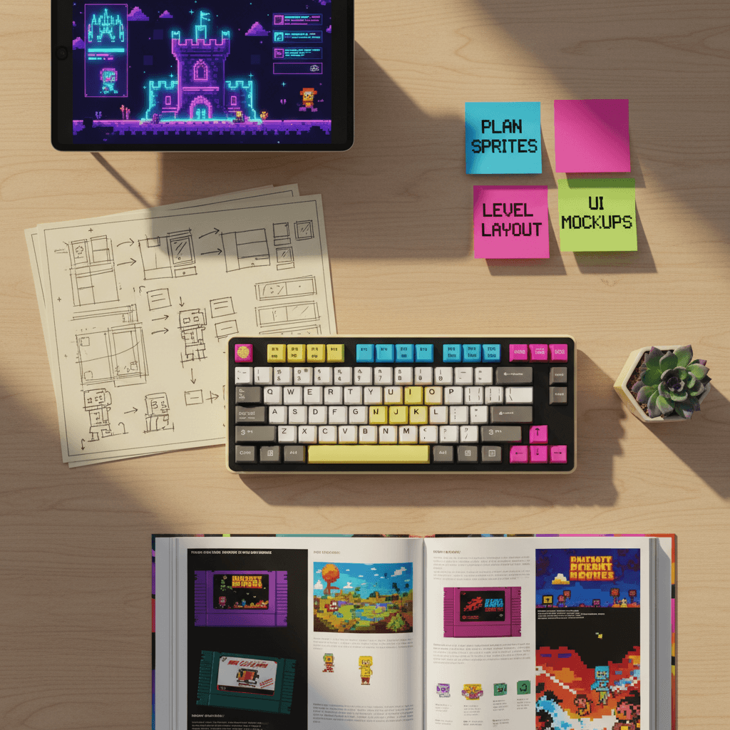Flat lay of design tools, sketches, and color swatches on a dark desk