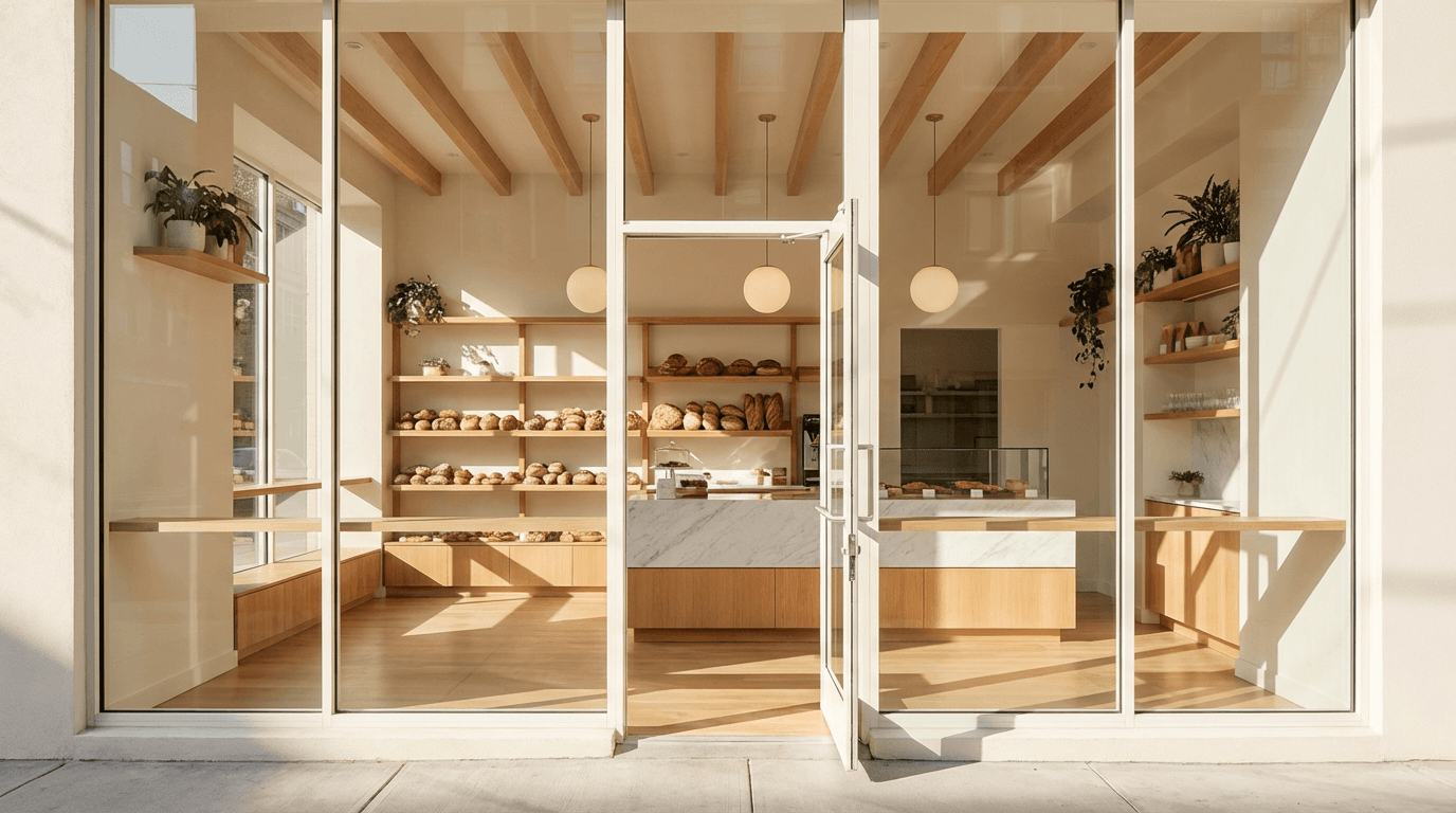 Minimalist cafe logo on storefront signage
