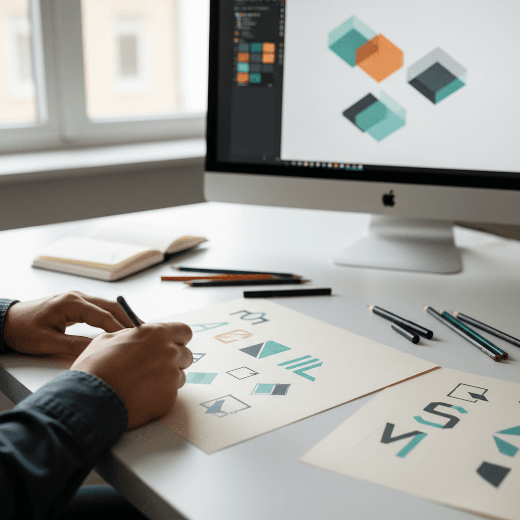 Close-up of logo sketches and color swatches on a designer's desk