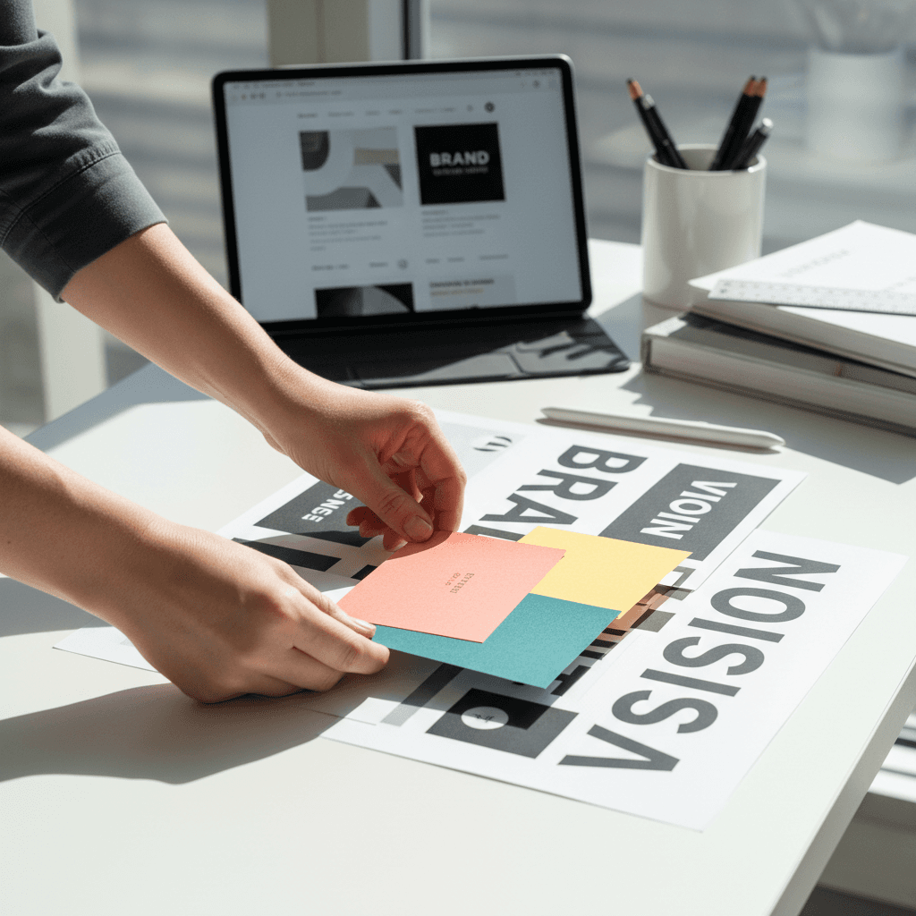 Graphic designer reviewing branding materials with color swatches in a bright studio