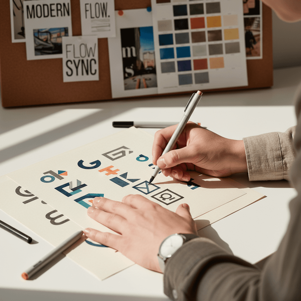 Hand sketching logo concepts in a notebook
