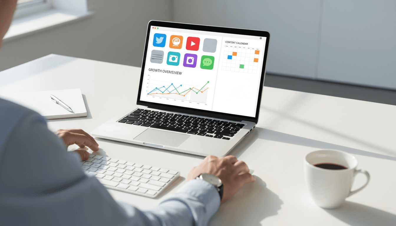 Social media marketing graphics displayed on a laptop in a bright office