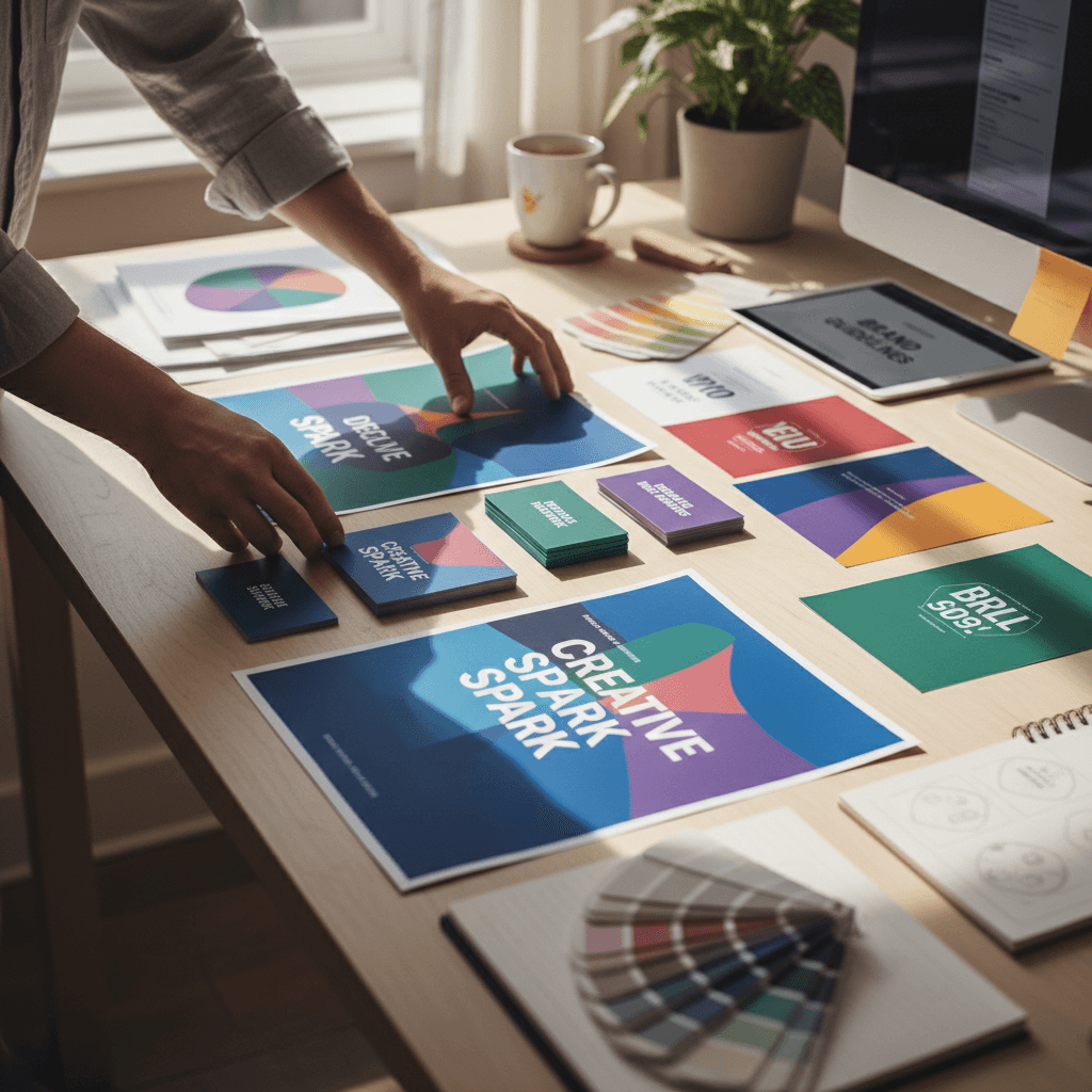 Designer working on a marketing flyer layout on a computer in a modern studio