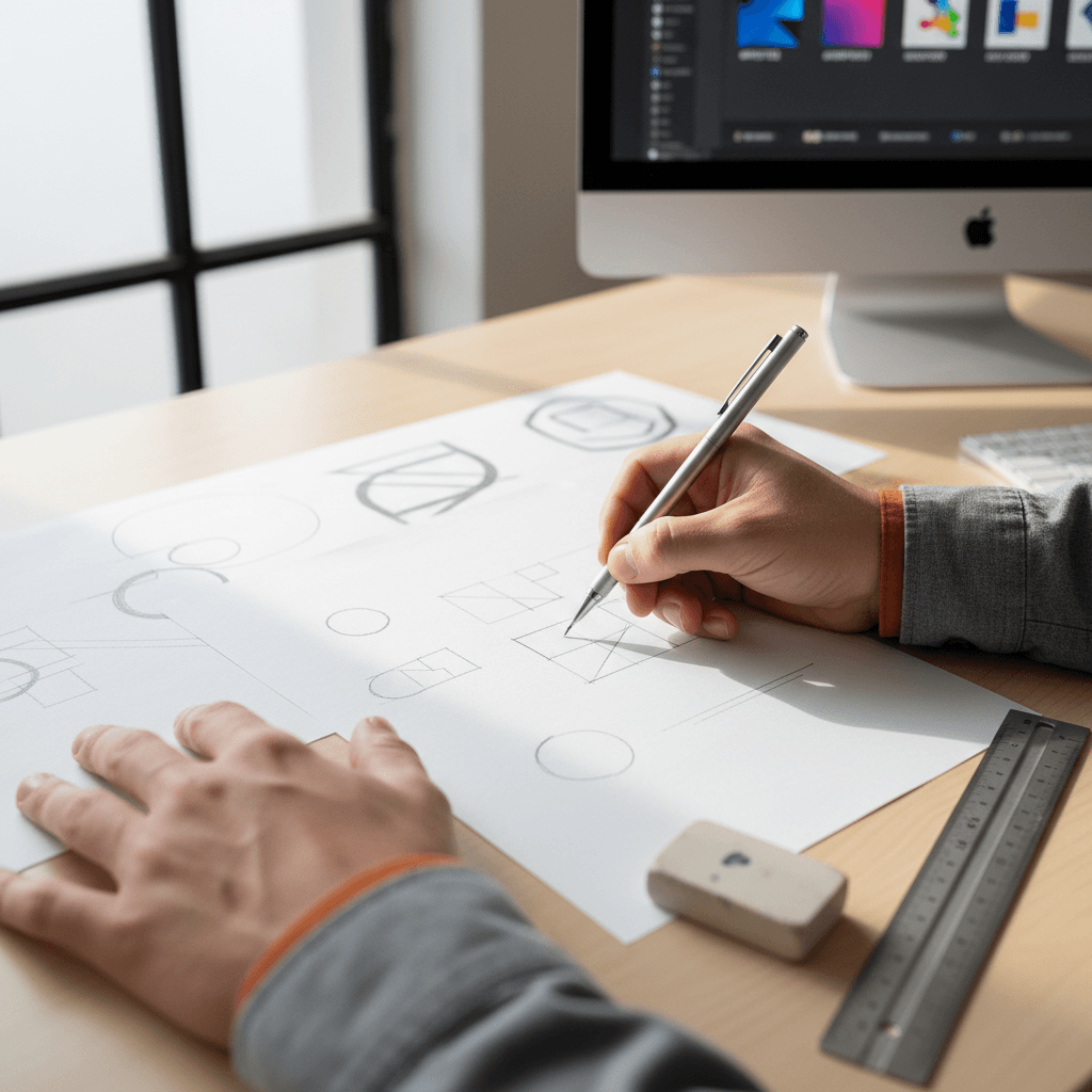 Graphic designer sketching logo concepts in bright studio