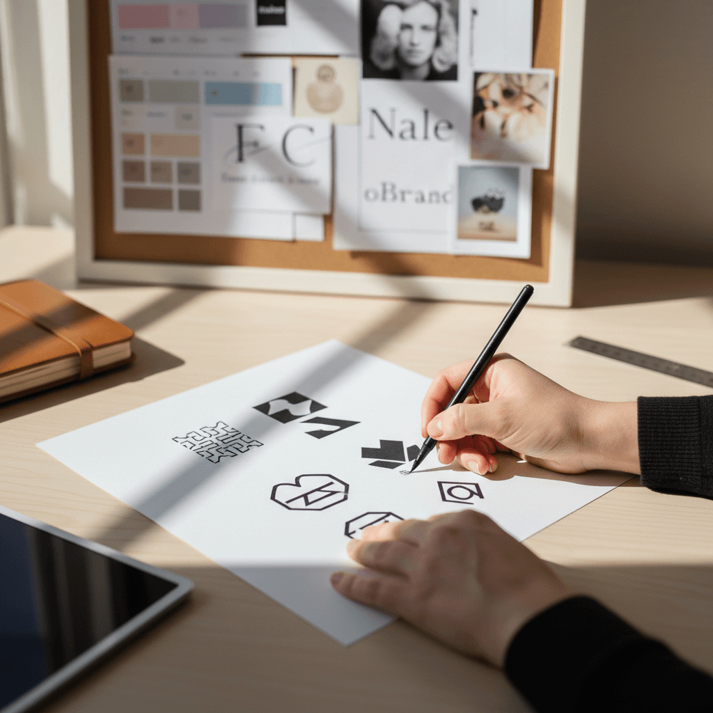 Designer sketching logo concepts with color swatches on a studio desk