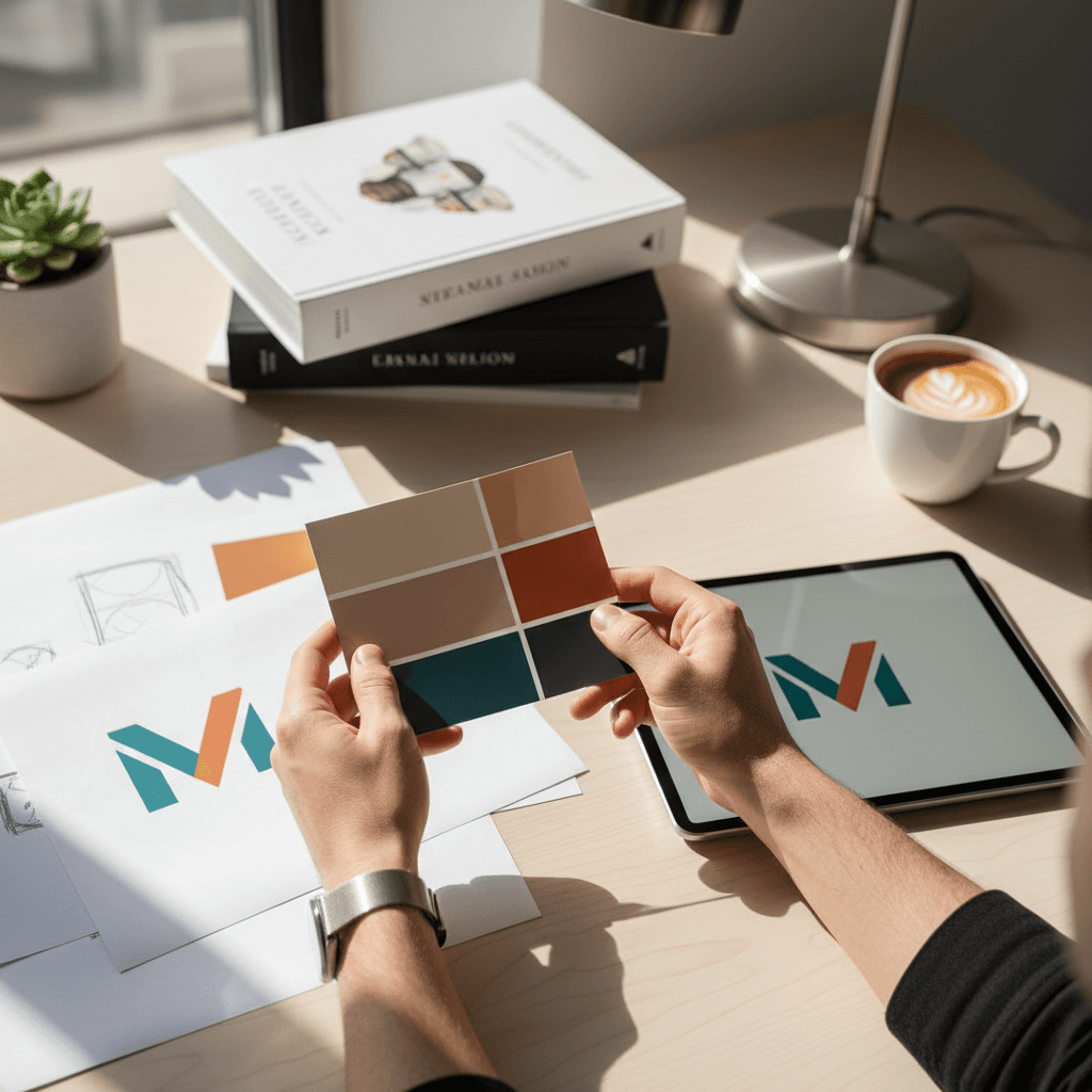 Graphic designer sketching logo ideas at a clean studio desk with color swatches