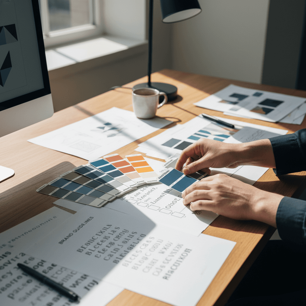 Designer reviewing color palette and typography samples in a modern studio
