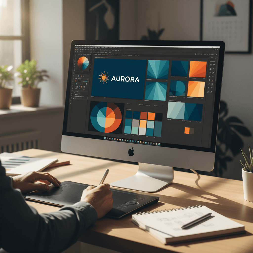 Designer working on branding mockups at a clean modern desk