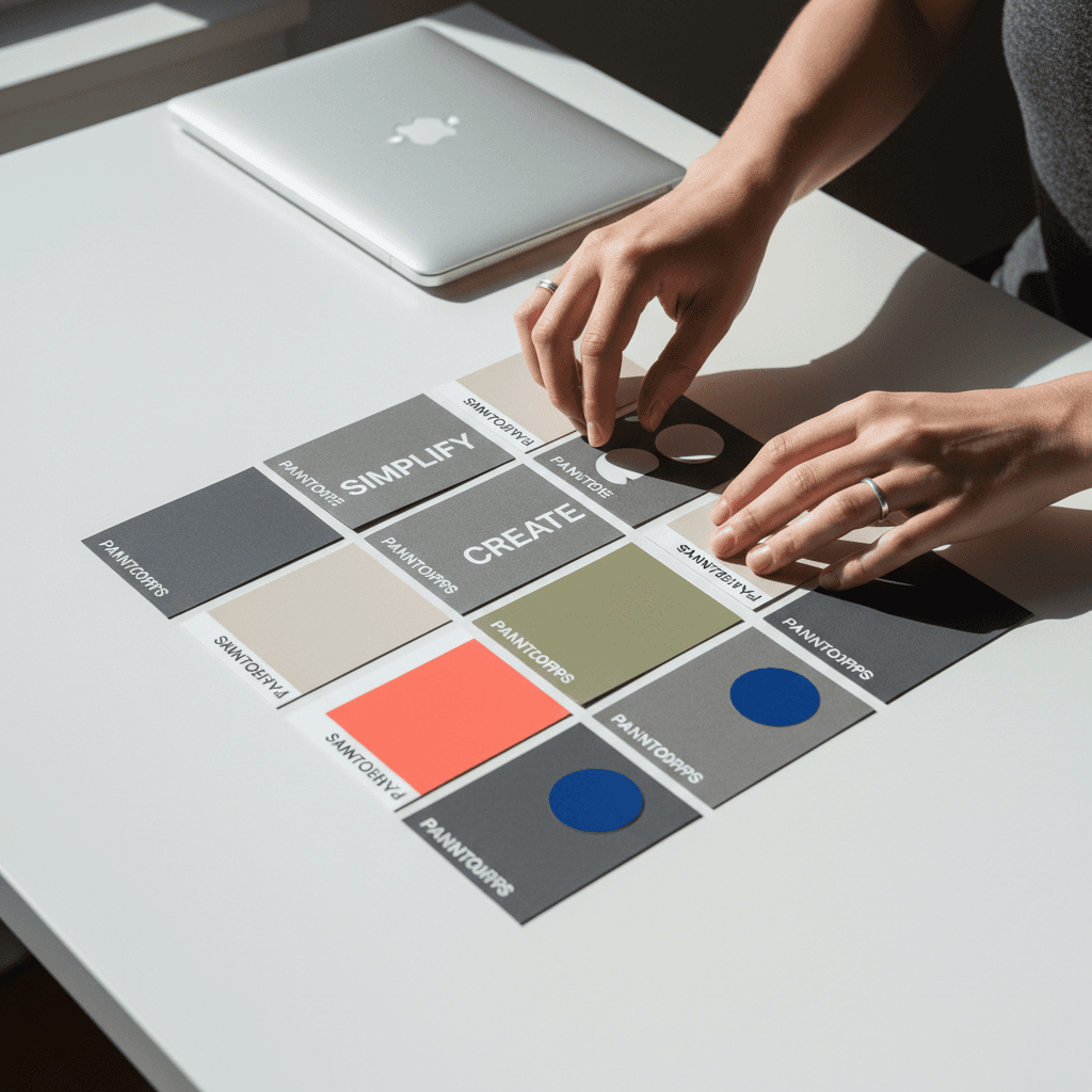 Color palette swatches and typography samples on a work table
