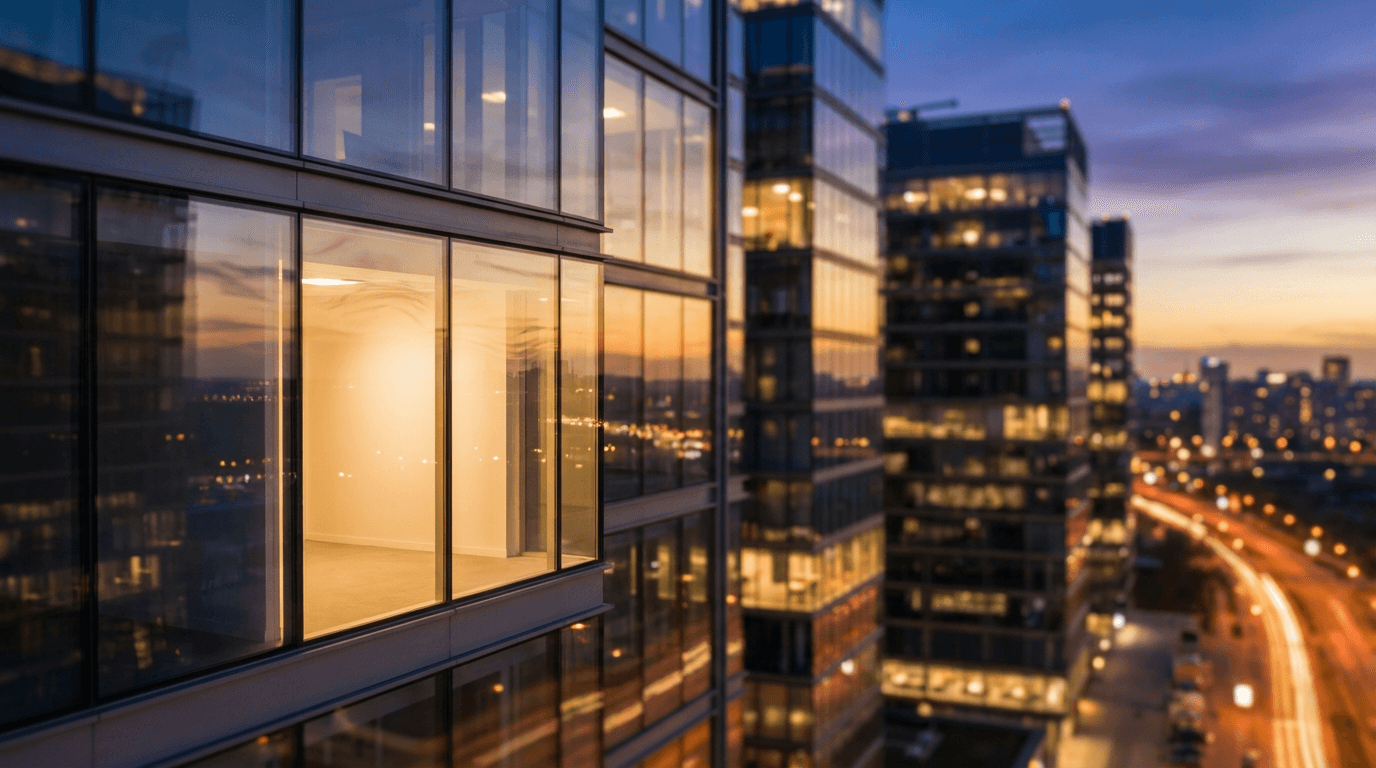 Corporate logo on building exterior signage at dusk